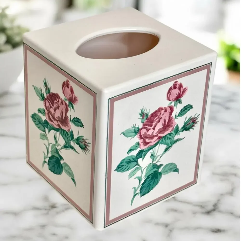 New Vintage SEARS Classic Rose Tissue Box Cover Floral Cottage Plastic Square